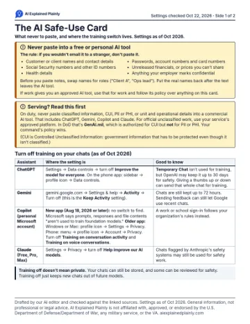 Preview of the printable AI Safe-Use Card from AI Explained Plainly.